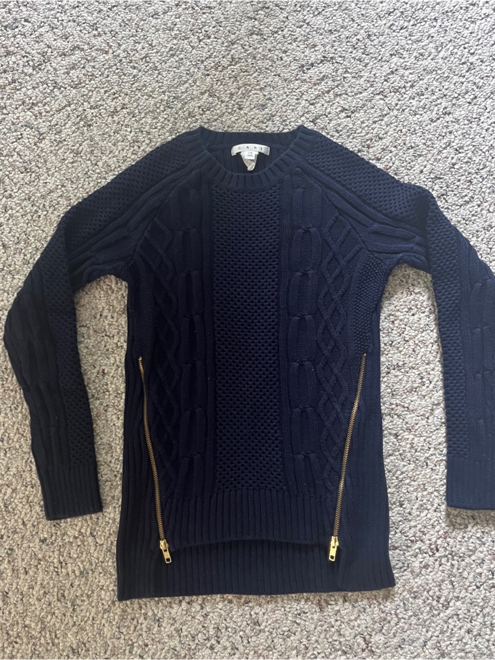 CAbi Navy Cable-Knit Sweater with Gold Zippers